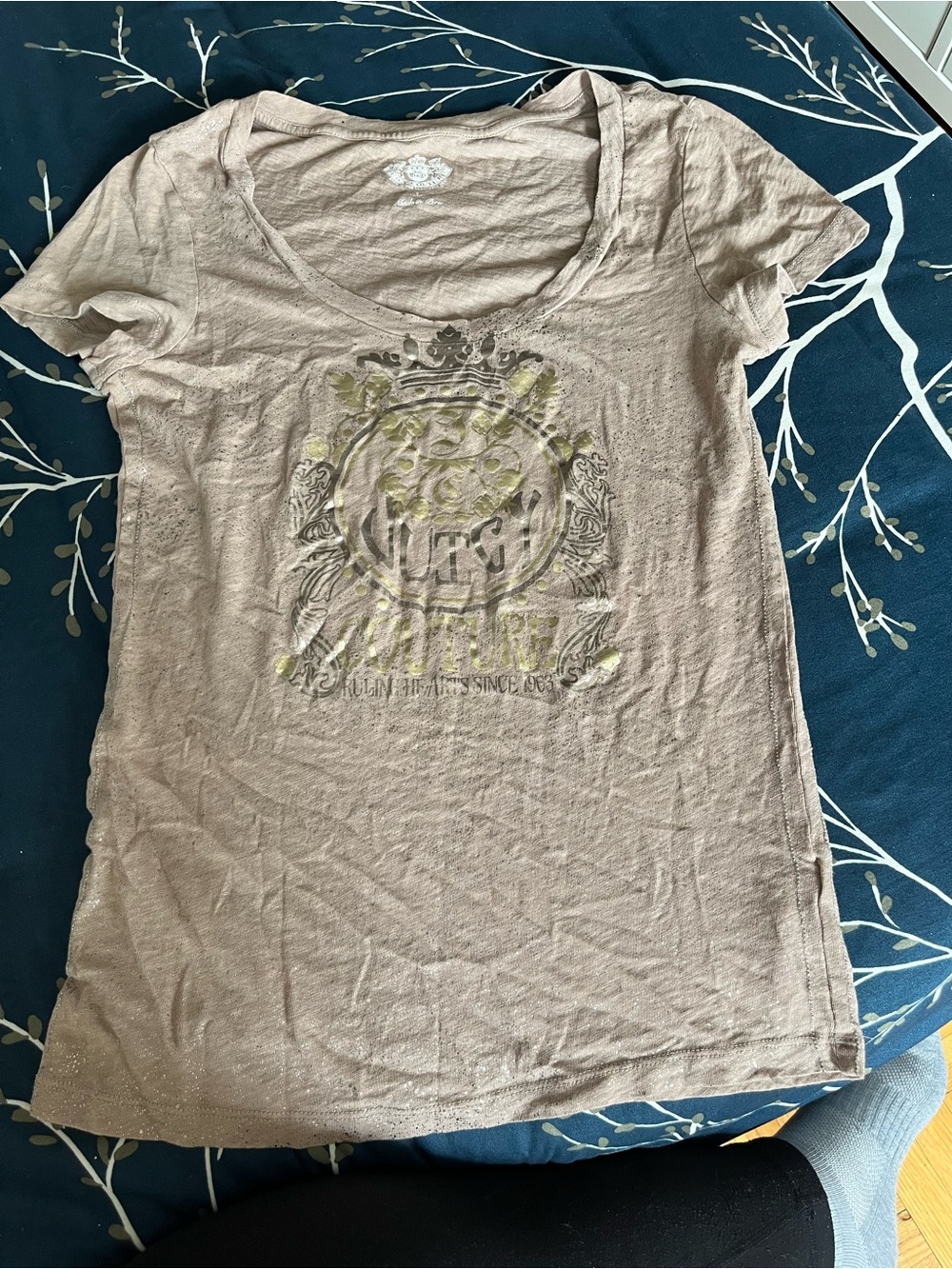 Juicy Couture Taupe Crewneck Tee with White Crest Print